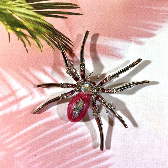 Glam Spider Pin Pink body with AB Clear Crystals - Picture 2 of 4
